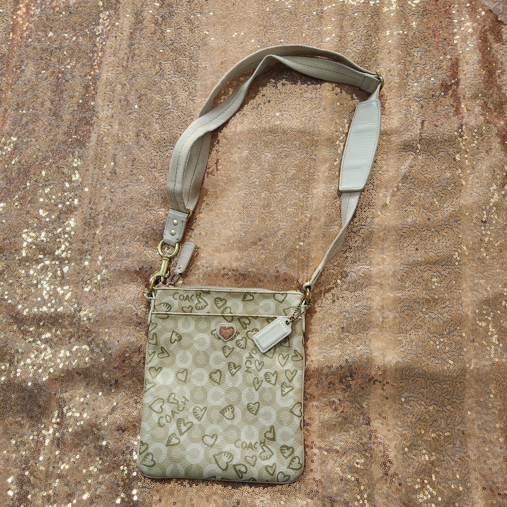 Coach Tan And Gold Hearts Logo Crossbody Bag - Picture 1 of 12